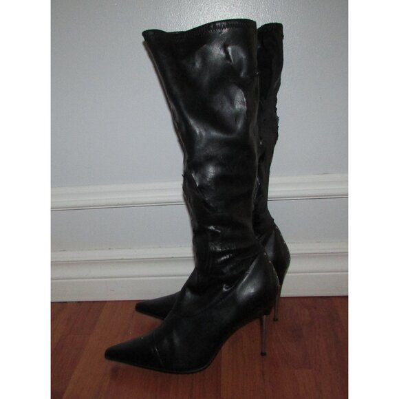 Black Pleather Silver Stiletto Heeled Riveted Boots - Sz 7-7.5 - Picture 11 of 11